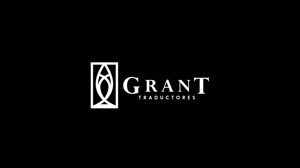 Fondo transparente con letras que dicen Grant Agencia de traducción y una pluma vertical en color negro.