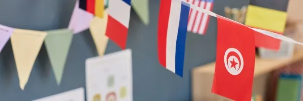 Fotografía de banderas de distintos países que interactúan entre sí con el apoyo de un intérprete simultáneo.