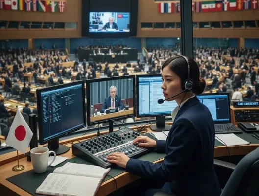 Mujer asiática trabajando como intérprete simultáneo usando audífonos y una computadora durante una reunión laboral.