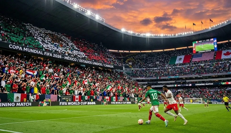 Interpretación simultánea: fotografía de dos jugadores de fútbol durante un partido en un estadio lleno de aficionados.