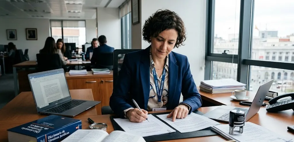 Qué es un perito traductor: fotografía de una mujer sentada en un escritorio escribiendo en documentos.