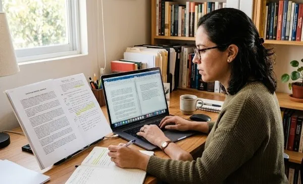 Cómo traducir un documento: fotografía de una mujer escribiendo en una computadora leyendo documentos.